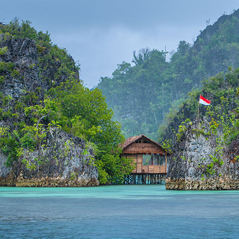 Bamboo Hut between Karst Islands in Pianemo